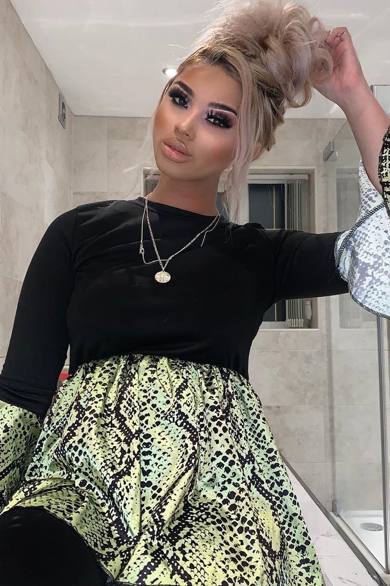 Black Lime Snake Print Flare Sleeve Peplum Top - Dhara-Tops