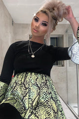 Black Lime Snake Print Flare Sleeve Peplum Top - Dhara-Tops
