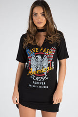 Black Live Fast Choker Neck T-shirt Dress - Chloe-Dresses