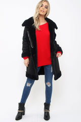 Black Long Faux Shearling Coat - Chai-Coats