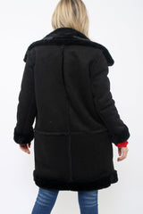 Black Long Faux Shearling Coat - Chai-Coats