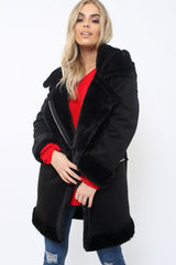 Black Long Faux Shearling Coat - Chai-Coats