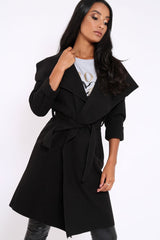 Black Long Length Waterfall Belted Coat - Cindy-Coats