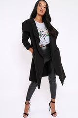 Black Long Length Waterfall Belted Coat - Cindy-Coats