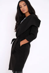 Black Long Length Waterfall Belted Coat - Cindy-Coats