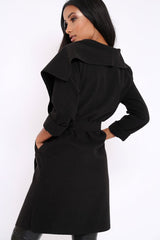 Black Long Length Waterfall Belted Coat - Cindy-Coats