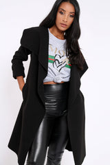 Black Long Length Waterfall Belted Coat - Cindy-Coats