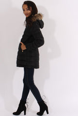Black Long Quilted Coat with Faux Fur Hood - Calypso-Coats