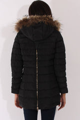 Black Long Quilted Coat with Faux Fur Hood - Calypso-Coats