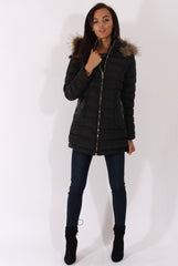 Black Long Quilted Coat with Faux Fur Hood - Calypso-Coats