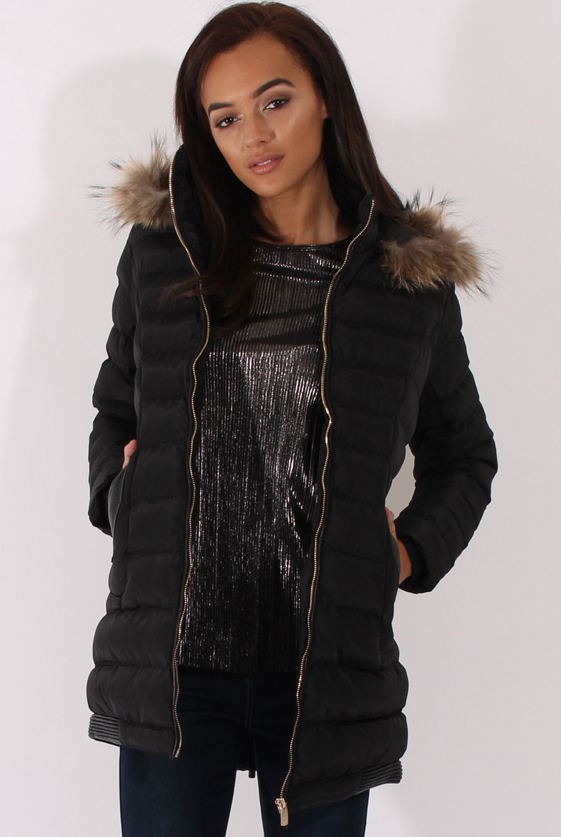 Black Long Quilted Coat with Faux Fur Hood - Calypso-Coats