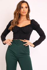 Black Long Sleeve Button Front Milkmaid Crop Top - Gillie-Crop Tops