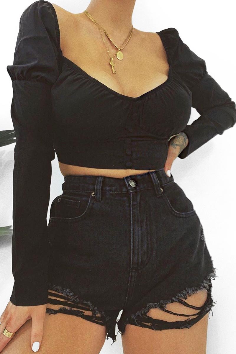 Black Long Sleeve Button Front Milkmaid Crop Top - Gillie-Crop Tops