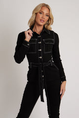 Black Long Sleeve Contrast Stitch Jumpsuit - Jan-Jumpsuits