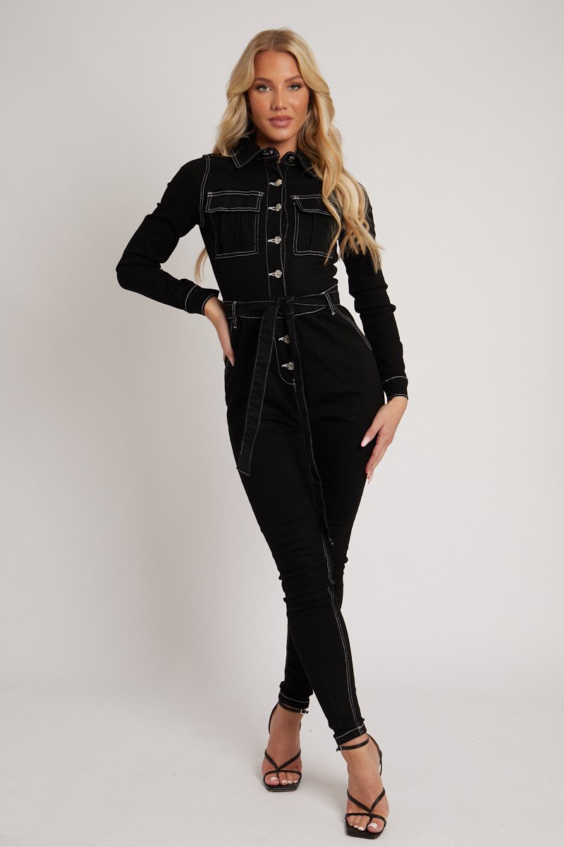 Black Long Sleeve Contrast Stitch Jumpsuit - Jan-Jumpsuits