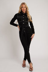 Black Long Sleeve Contrast Stitch Jumpsuit - Jan-Jumpsuits