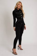 Black Long Sleeve Contrast Stitch Jumpsuit - Jan-Jumpsuits