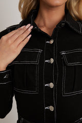 Black Long Sleeve Contrast Stitch Jumpsuit - Jan-Jumpsuits