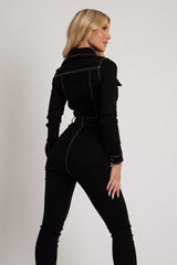 Black Long Sleeve Contrast Stitch Jumpsuit - Jan-Jumpsuits