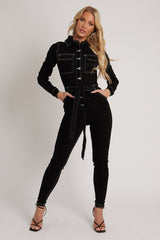 Black Long Sleeve Contrast Stitch Jumpsuit - Jan-Jumpsuits