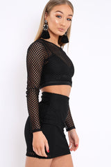 Black Long Sleeve Cropped Fishnet Co-Ord Set - Jaelys-Co-ords