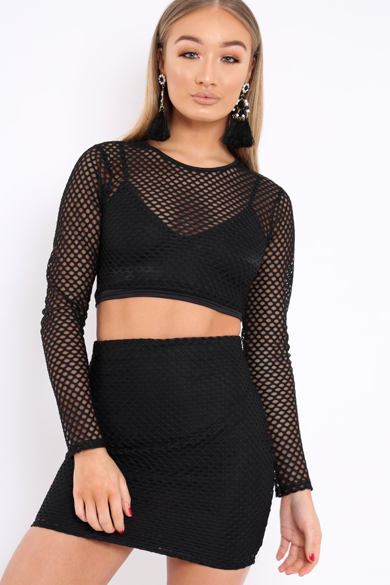 Black Long Sleeve Cropped Fishnet Co-Ord Set - Jaelys-Co-ords
