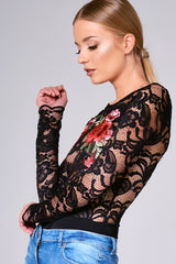 Black Long Sleeve Lace Embroidered Bodysuit - Karla-Bodysuits