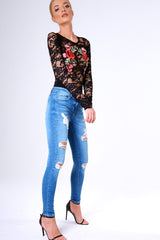 Black Long Sleeve Lace Embroidered Bodysuit - Karla-Bodysuits