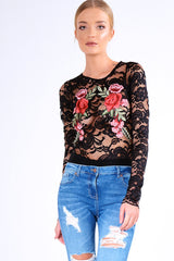 Black Long Sleeve Lace Embroidered Bodysuit - Karla-Bodysuits