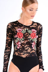 Black Long Sleeve Lace Embroidered Bodysuit - Karla-Bodysuits
