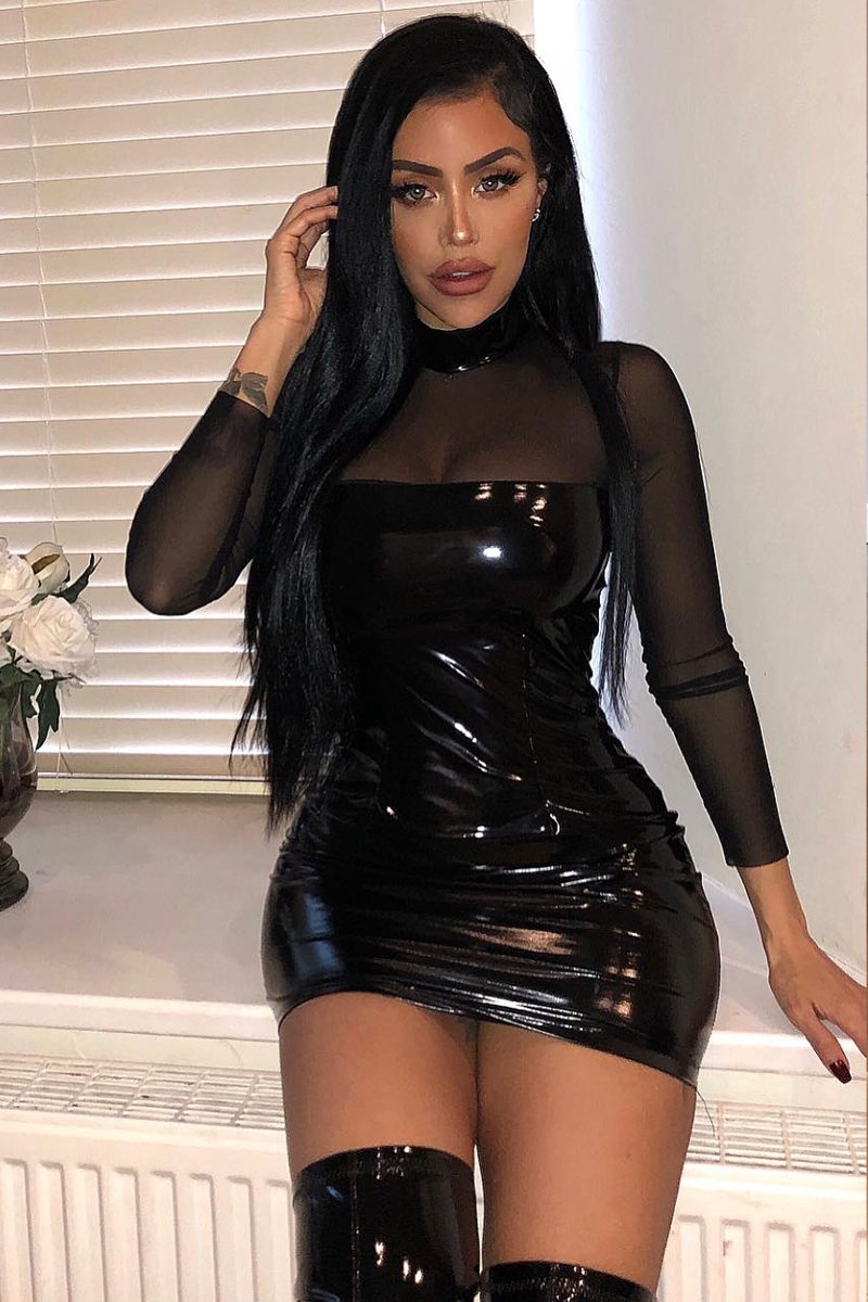 Black Long Sleeve Mesh Insert Vinyl Dress - Jamera-Dresses