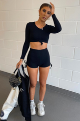 Black Long Sleeve Ribbed Ruched Front Crop Top + Side Ruched Shorts Set - Roni