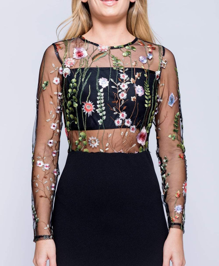 Black Long Sleeved Embroidered Dress - Viola-Dresses