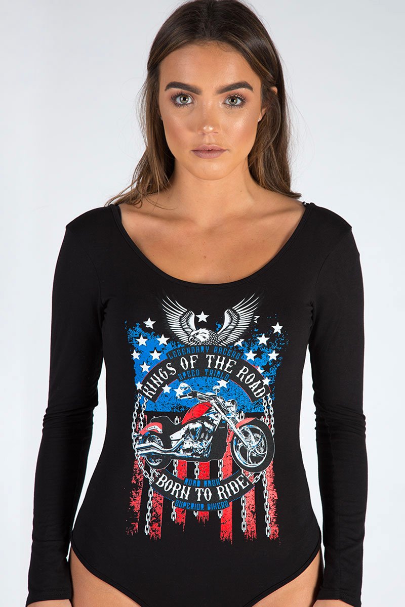 Black Long Sleeved Graphic Print Bodysuit - Sofia-Bodysuits
