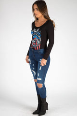 Black Long Sleeved Graphic Print Bodysuit - Sofia-Bodysuits