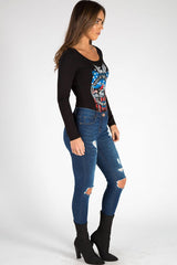 Black Long Sleeved Graphic Print Bodysuit - Sofia-Bodysuits