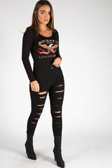 Black Long Sleeved Rockstar Print Bodysuit - Hannah-Bodysuits