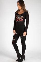 Black Long Sleeved Rockstar Print Bodysuit - Hannah-Bodysuits