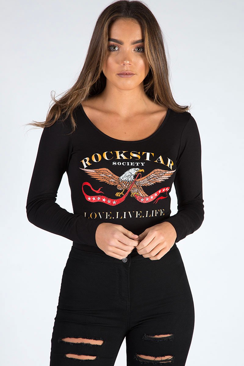 Black Long Sleeved Rockstar Print Bodysuit - Hannah-Bodysuits
