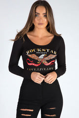 Black Long Sleeved Rockstar Print Bodysuit - Hannah-Bodysuits