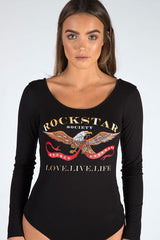 Black Long Sleeved Rockstar Print Bodysuit - Hannah-Bodysuits