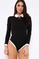 Black Long Sleeved Striped Bow Bodysuit - Lashay-Bodysuits