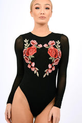 Black Long Sleeves Floral Mesh Bodysuit - Daphne-Bodysuits