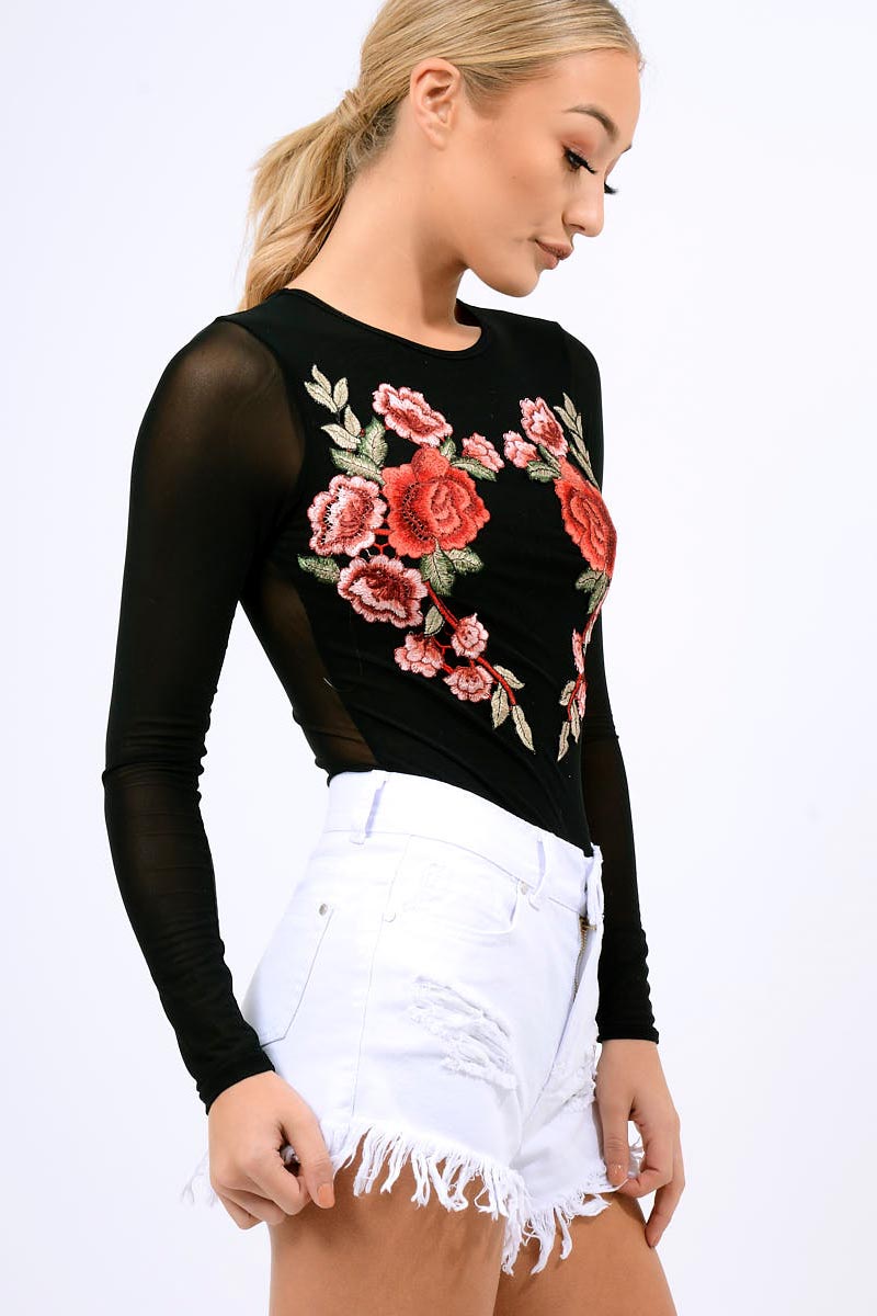 Black Long Sleeves Floral Mesh Bodysuit - Daphne-Bodysuits