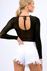 Black Long Sleeves Floral Mesh Bodysuit - Daphne-Bodysuits