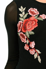 Black Long Sleeves Floral Mesh Bodysuit - Daphne-Bodysuits