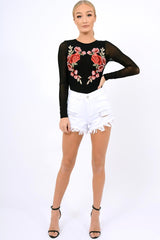Black Long Sleeves Floral Mesh Bodysuit - Daphne-Bodysuits
