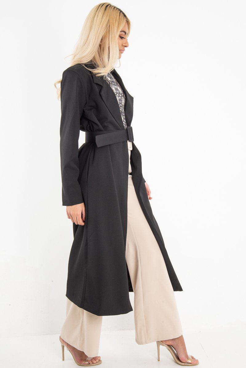 Black Longline Tailored Belted Coat - Joelle-Coats