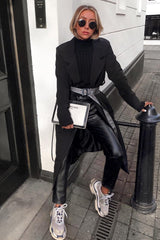 Black Longline Tailored Belted Coat - Joelle-Coats