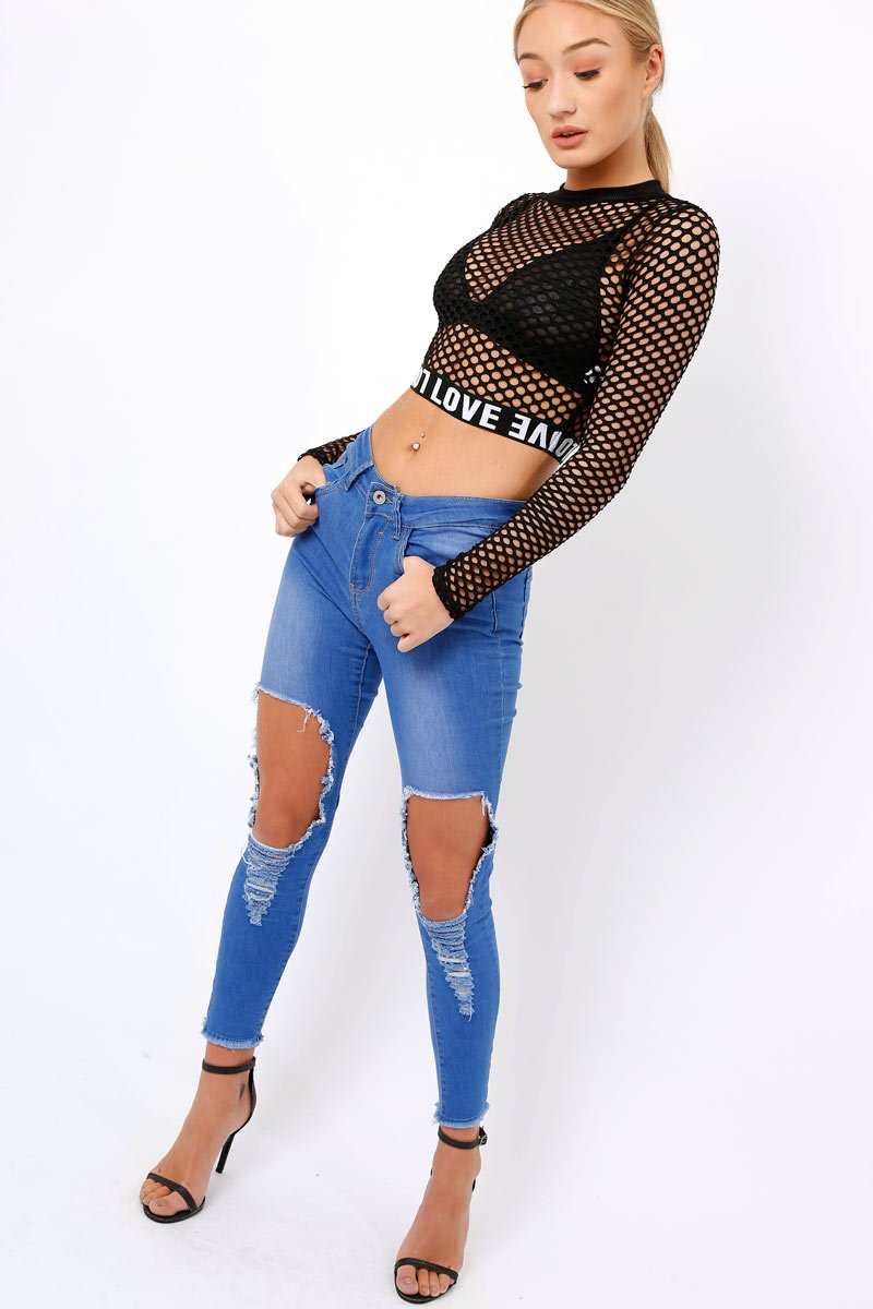 Black Love Fishnet Mesh Crop Top - Dolli-Crop Tops